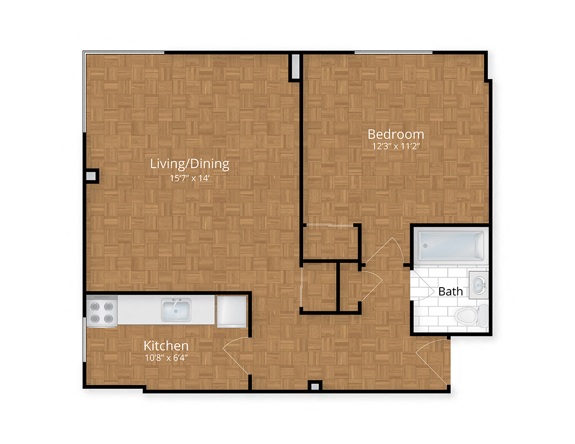 Floor plan for 1 bed, 1 bath, 640 sqft